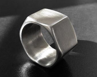 Hex nut ring, stainless steel band, chunky industrial geometric hardware ring, sizes 6 - 10.5