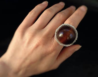 Statement cocktail ring, wire crocheted ring with brown wooden bead