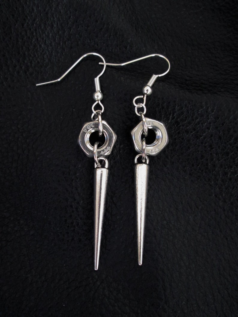 Nut spike earrings, silver tone industrial edgy hardware hex nut spike drop earrings image 6