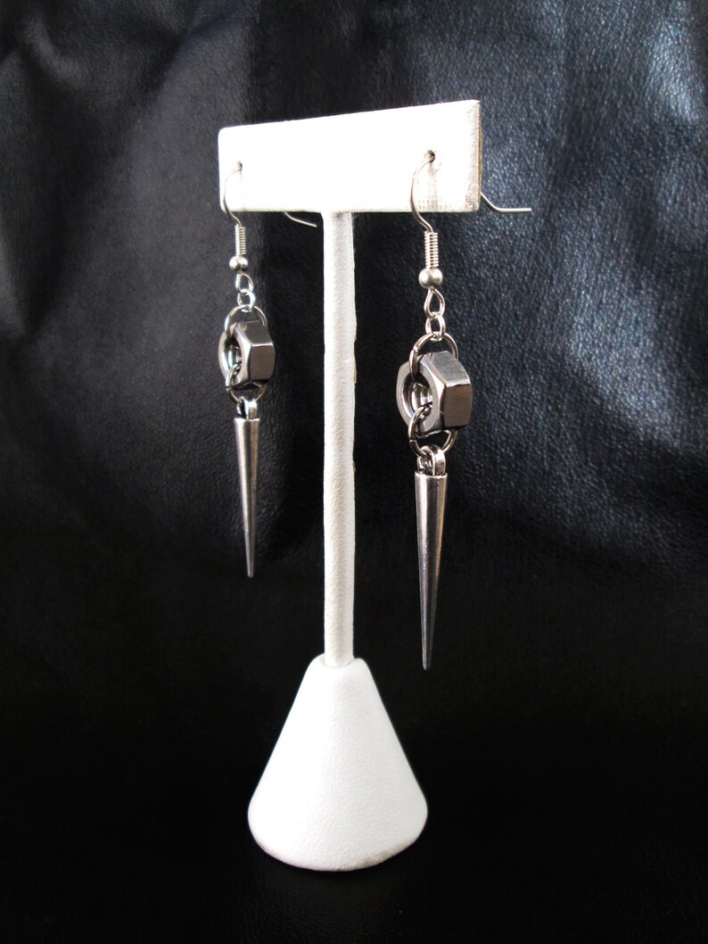 Nut spike earrings, silver tone industrial edgy hardware hex nut spike drop earrings image 5