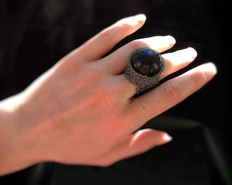Statement wire Crochet cocktail Ring with Black Wood Bead