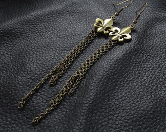 Long tassel earrings, Fleur de Lis chain tassel antique brass tone shoulder dusters