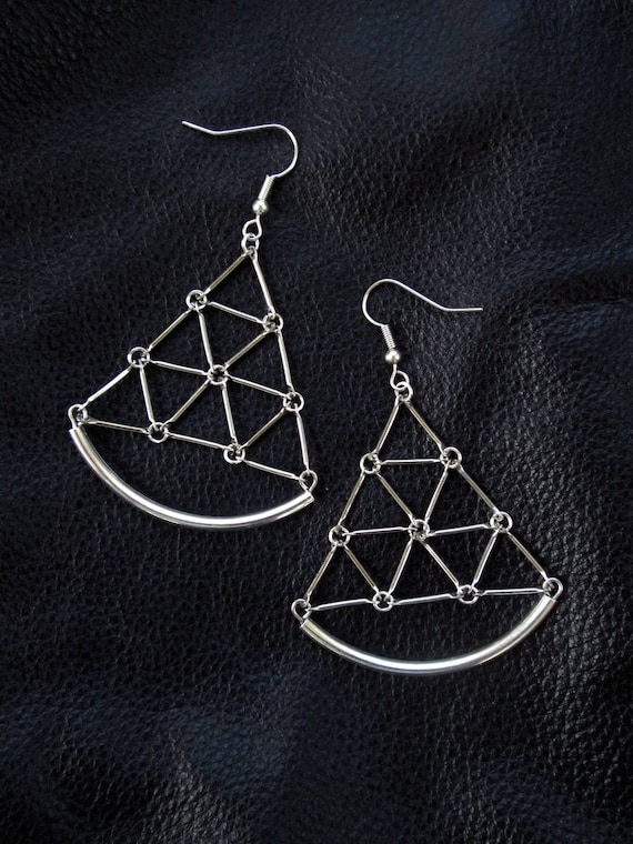 Statement geometric earrings, modern geo shoulder dusters, silver tone link grid earrings