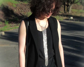 Statement tie necklace, modern chain fringe bib necklace, silver tone