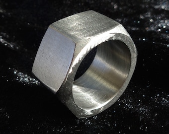 Hex nut ring, industrial modern geometric unisex stainless steel hexagon ring, sizes 11-14