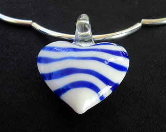 Heart pendant choker, white blue milk glass heart charm silver plated necklace, art glass