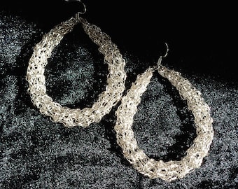 Chunky hoop earrings, statement silver plated wire crochet mesh teardrop earrings