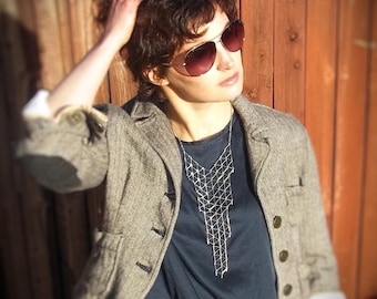 Geometric bib necklace, modern minimalist Chrome tone statement grid necklace