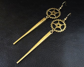 Industrial spike earrings, antique brass tone cogwheel gear and spike shoulder dusters, long modern statement earrings