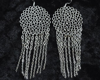 Statement oversized earrings, modern silver tone fringe tassel shoulder dusters