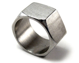 Hexagonal nut ring, stainless steel industrial geometric modern pinky ring, sizes 4.5 - 5.5