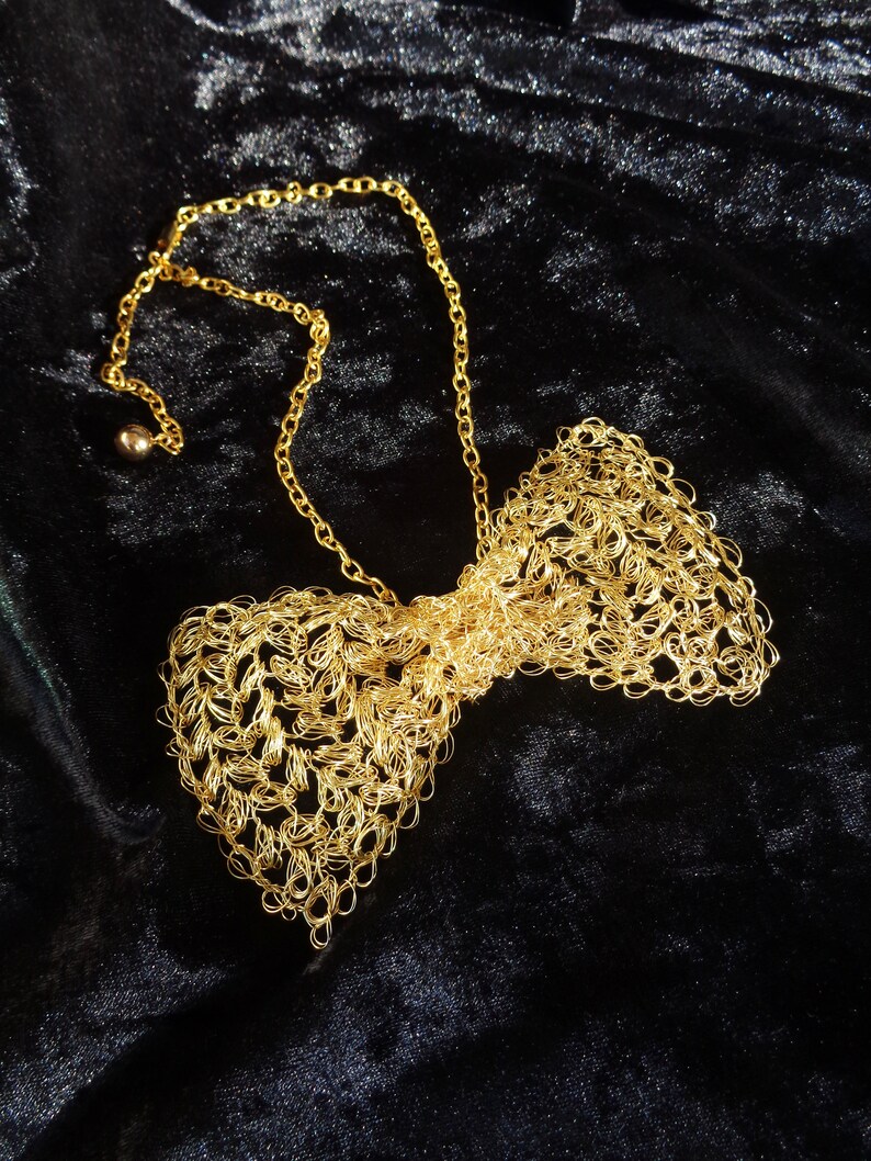 Bow tie necklace gold wire crochet unisex bow tie wire mesh bow necklace