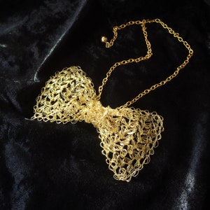 Bow tie necklace gold wire crochet unisex bow tie wire mesh Gold