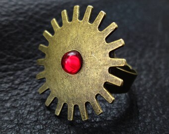 Steampunk Cocktail Ring: Antique Brass Red Glass