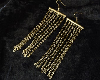 Modern statement earrings, antique brass tone chain fringe shoulder dusters