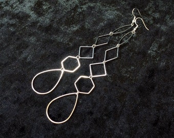 Long geometric earrings, modern statement geo earrings in silver tone, lightweight shoulder dusters