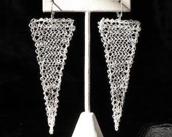 Wire crochet earrings, statement geometric silver plated shoulder dusters