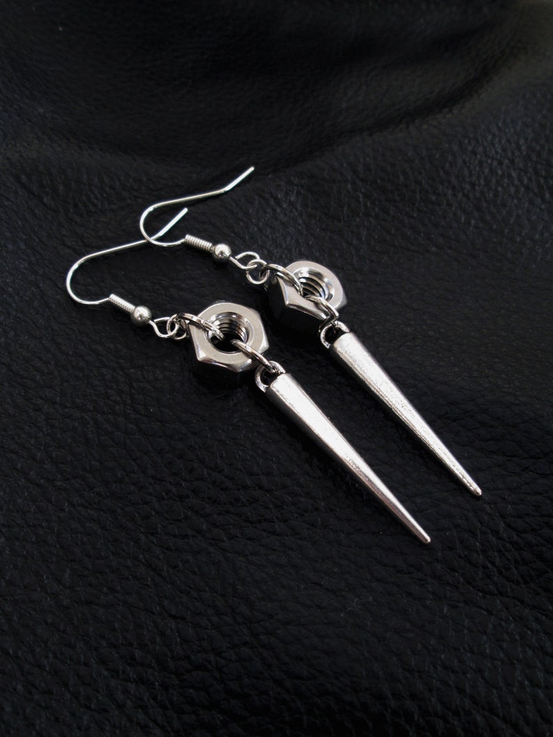 Nut spike earrings, silver tone industrial edgy hardware hex nut spike drop earrings image 3