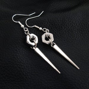 Nut spike earrings, silver tone industrial edgy hardware hex nut spike drop earrings image 2