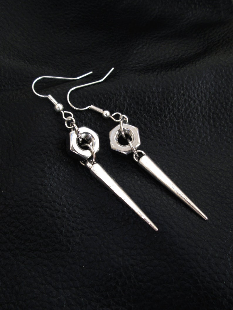 Nut spike earrings, silver tone industrial edgy hardware hex nut spike drop earrings image 2