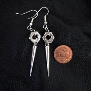 Nut spike earrings, silver tone industrial edgy hardware hex nut spike drop earrings image 8