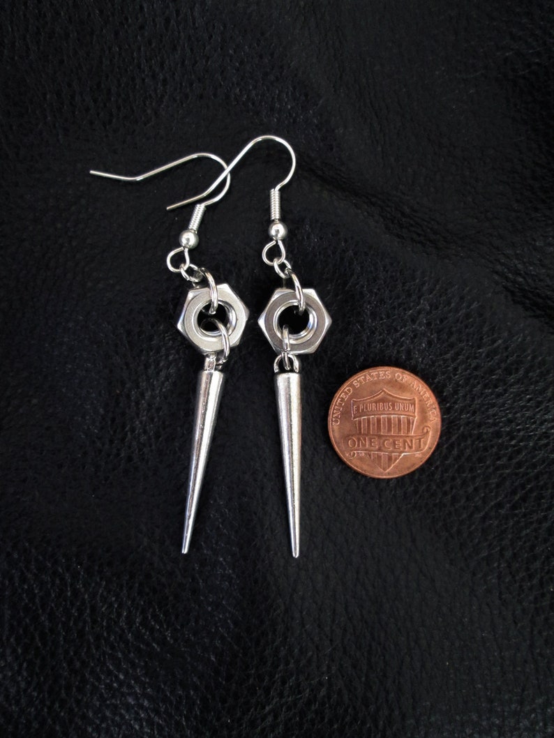 Nut spike earrings, silver tone industrial edgy hardware hex nut spike drop earrings image 8