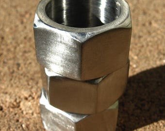 Anillo de tuerca hexagonal, moderno anillo geométrico industrial de acero inoxidable, tamaños 6 - 10,5