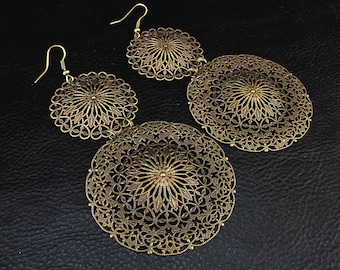 Statement filigree earrings, oversized lightweight antique bronze tone chandelier earrings, ornate shoulder dusters