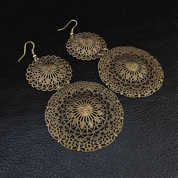 Statement filigree earrings, oversized lightweight antique bronze tone chandelier earrings, ornate shoulder dusters