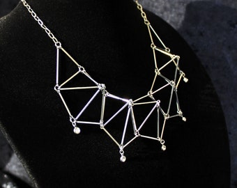 Modern geometric necklace, silver tone minimalist 3d bib necklace
