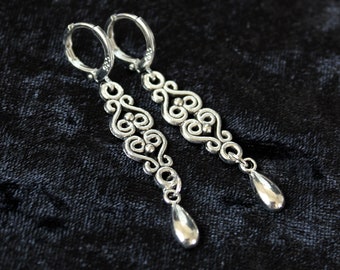 Filigree drop earrings, small silver tone Victorian style dangle earrings