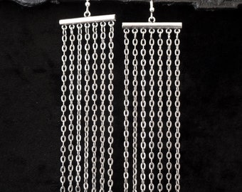 Modern statement earrings, silver tone chain fringe shoulder dusters