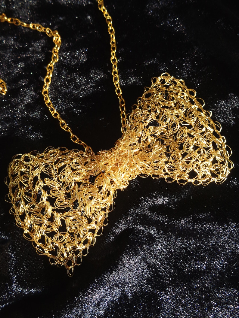 Bow tie necklace gold wire crochet unisex bow tie wire mesh bow necklace