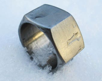 Hex nut ring, stainless steel unisex geometric industrial hardware band ring, sizes 6 - 10.5