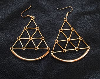 Modern geometric earrings, gold tone minimalist geo statement earrings, lightweight shoulder dusters