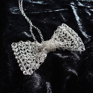 Bow tie necklace gold wire crochet unisex bow tie wire mesh Silver