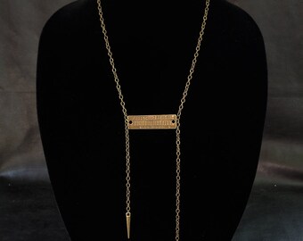 Asymmetric industrial necklace, modern lariat necklace, antique brass tone barcode, spikes