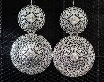 Statement filigree earrings, ornate silver tone shoulder dusters