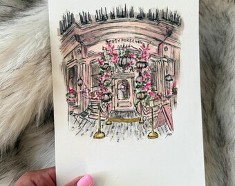 Cafe Hand Illustration Print, Peggy Porschen London Storefront Drawing, Pink Parisian Cafe, Travel Poster