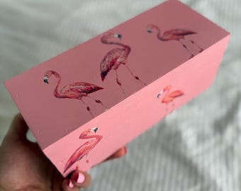 Hand Painted Flamingo Wooden Keepsake Box, Blush Pink Decor