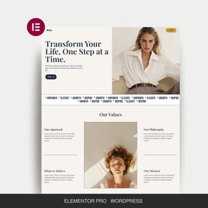 Peut inclure: Conception de site web avec un schéma de couleurs beige clair et blanc. Le texte indique "Transformez votre vie, une étape à la fois." avec des images de femmes. Le site comprend des sections pour "Nos valeurs".