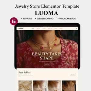May include: A digital tablet displays a jewelry store website template. The website features gold necklaces with pink floral accents. The text "BEAUTY TAKES SHAPE" is displayed on the screen. The template includes 13 pages, Elementor Pro, and WooCommerce.