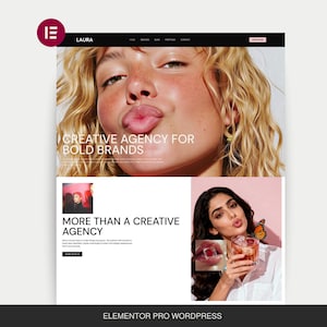 Può includere: Un design di sito web con una donna con i capelli biondi e il testo "CREATIVE AGENCY FOR BOLD BRANDS". Sotto, viene visualizzato il testo "MORE THAN A CREATIVE AGENCY". Il logo Elementor Pro WordPress è in basso.