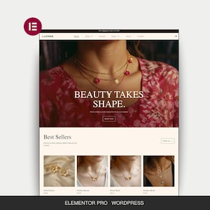 Op de afbeelding: Website homepage met sieraden. Het bovenste gedeelte toont een vrouw die gelaagde kettingen draagt met roze bloemaccenten. De tekst "BEAUTY TAKES SHAPE" is prominent aanwezig. Hieronder toont "Best Sellers" gouden sieraden, waaronder kettingen en oorbellen.