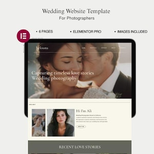 May include: A digital tablet displaying a wedding website template. The website features a photo of a couple and text that reads "Capturing timeless love stories Wedding photography." Additional text includes "6 pages," "Elementor Pro," and "Images included."