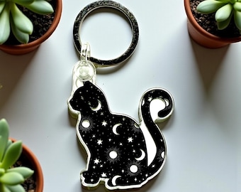 Celestial Galaxy Cat Acrylic Keychain | 2” Black Cat Star & Moon Keychain | Witchy Aesthetic Cosmic Cat Bag Charm Gift | Cat Vinyl Sticker
