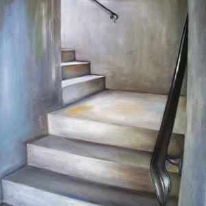 Escalier, peinture à lhuile, paysage urbain Original Art contemporain, art mural urbain gris gris image 1