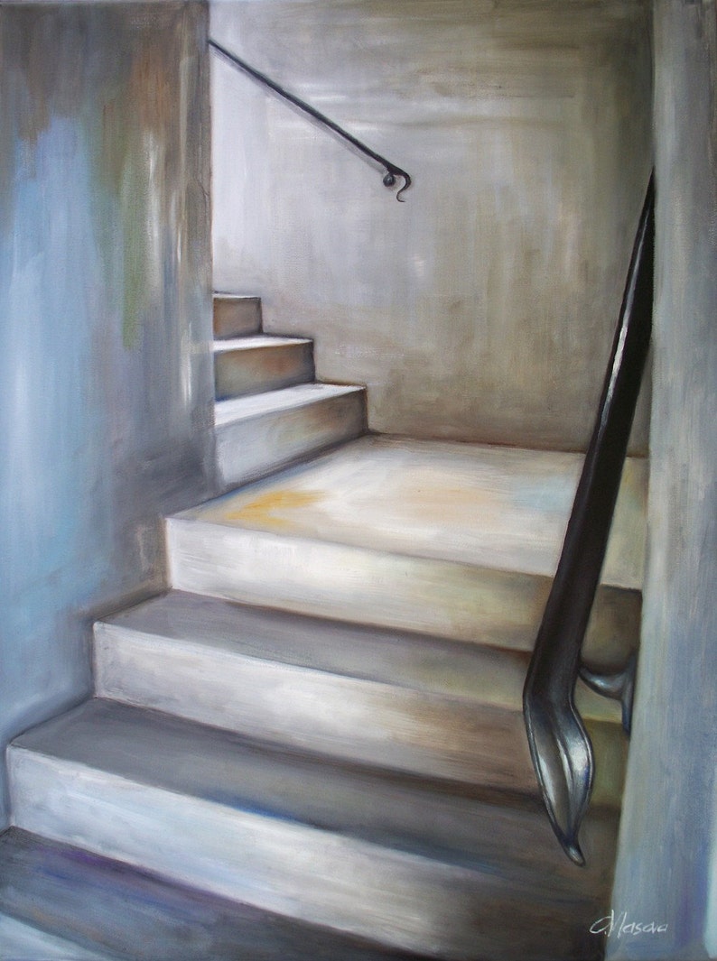 Escalier, peinture à lhuile, paysage urbain Original Art contemporain, art mural urbain gris gris image 1