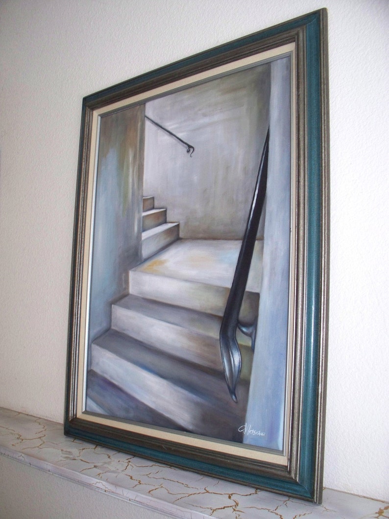 Escalier, peinture à lhuile, paysage urbain Original Art contemporain, art mural urbain gris gris image 4