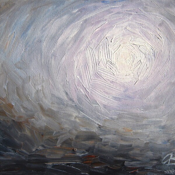 Abstract landscape art print, gray purple brush stroke oil painting reproduction